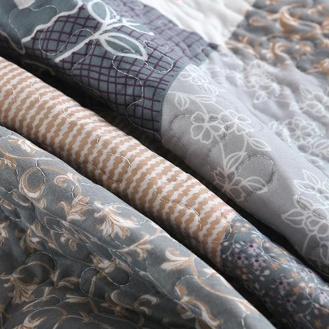 HoneiLife Quilt Set Twin Size - 2 Piece Microfiber Quilts Reversible Bedspreads Patchwork Coverlets Floral Bedding Set All Season Quilts with Geometric and Little Rose Print Pattern，Grey