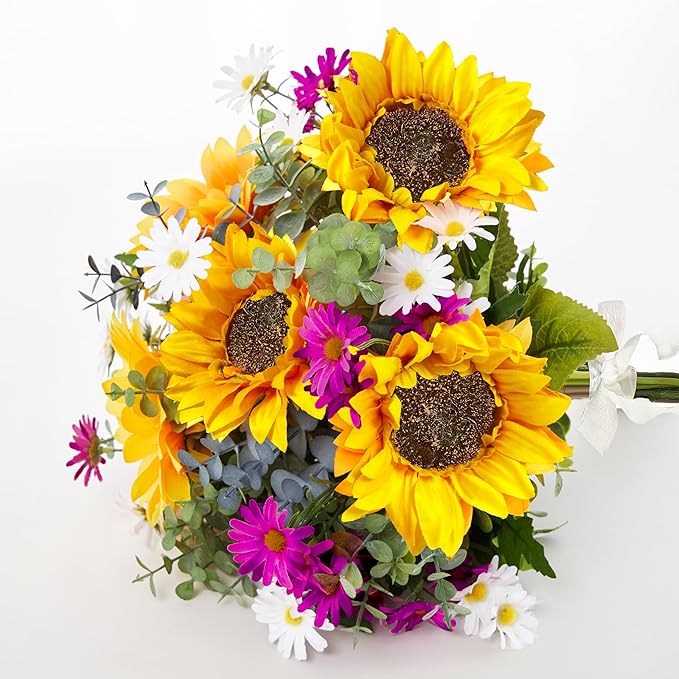Sunflowers Artificial Flowers Bouquet, Fall Flowers Artificial for Decoration, Silk Flower Arrangements, Fake Sunflowers for Wedding Floral Arrangement Farmhouse Decor Cemetery Flowers -Yellow