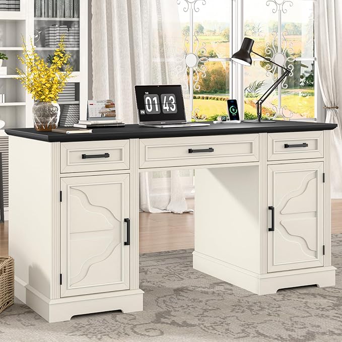 Vabches Computer Desk with File Drawer,Rustic Executive Desk with Drawers Wood Office Desk with Ample Storage Drawers,Farmhouse Large Home Wrting Desk with Drawers for Bedroom,White