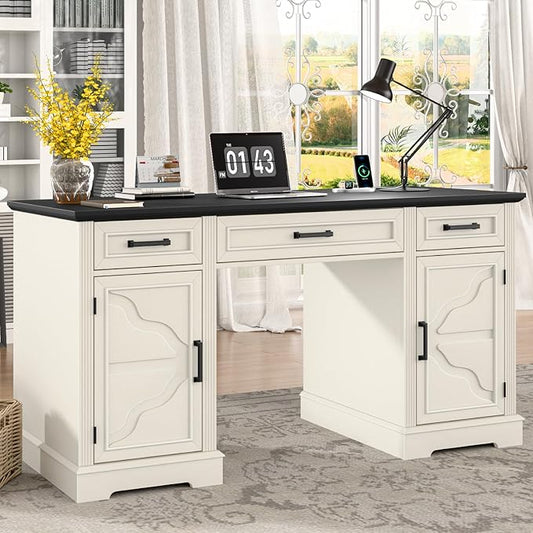 Vabches Computer Desk with File Drawer,Rustic Executive Desk with Drawers Wood Office Desk with Ample Storage Drawers,Farmhouse Large Home Wrting Desk with Drawers for Bedroom,White