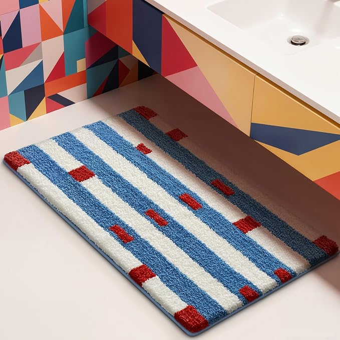 LUMI Bathroom Rugs with Blue White Stripe, Soft Absorbent Bath Mat for Modern Home Decor, Non-Slip Quick-Dry Bath Rug, Machine Washable Floor Mat for Shower and Tub, Entryway, 24"x36"