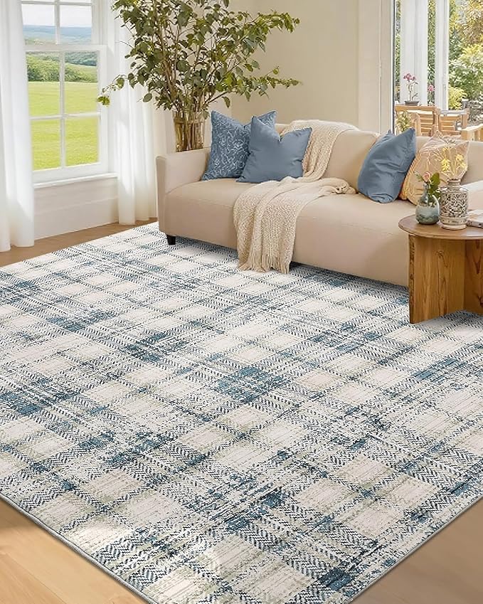 Washable Area Rugs 4x6 Rug for Living Room Modern Plaid Rugs for Bedroom Farmhouse Non Slip Entryway Rug Soft Nursery Rugs Stain Resistant Carpet for Entrance Dining Room 4'x6' Green/Beige