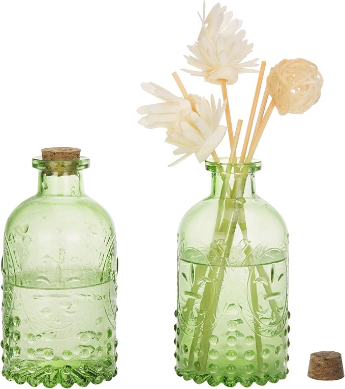 MyGift Vintage Embossed Green Glass Small Reed Diffuser Bottle with Cork Lid, Decorative Flower Bud Vase, Set of 2