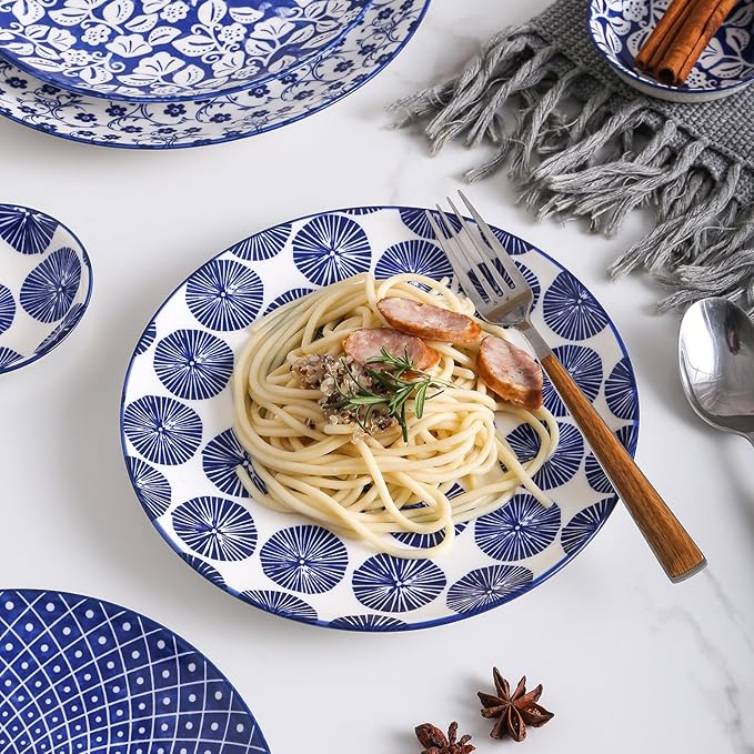 Selamica Ceramic Dinnerware Sets for 6, 24 Piece Plates and Bowls Sets, Scratch Resistant Dishes Set-Dishwasher & Microwave & Oven Safe, Vintage Blue