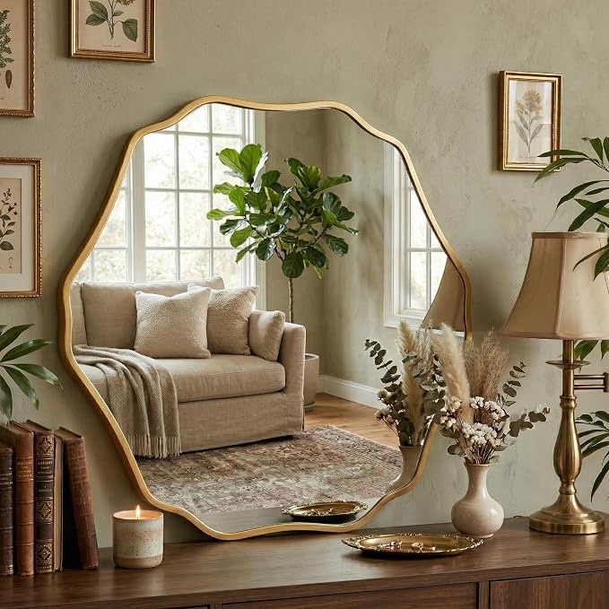 Irregular Hexagon Wall Mirror with Wavy Edge, Modern Decorative Mirror for Bathroom, Bedroom, Living Room, Frameless Vanity Mirror