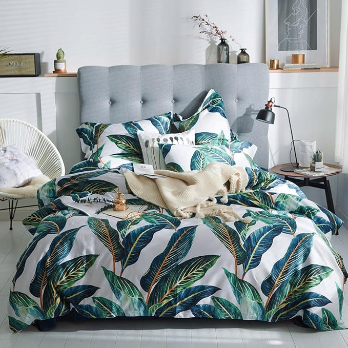 VM VOUGEMARKET King Duvet Cover Set Tropical Leaves Bedding Set,3 Piece Egyptian Cotton Green Quilt Cover with Zipper Closure,Reversible Vintage Printed Luxury Bedding Set-Tropical Leaf,King