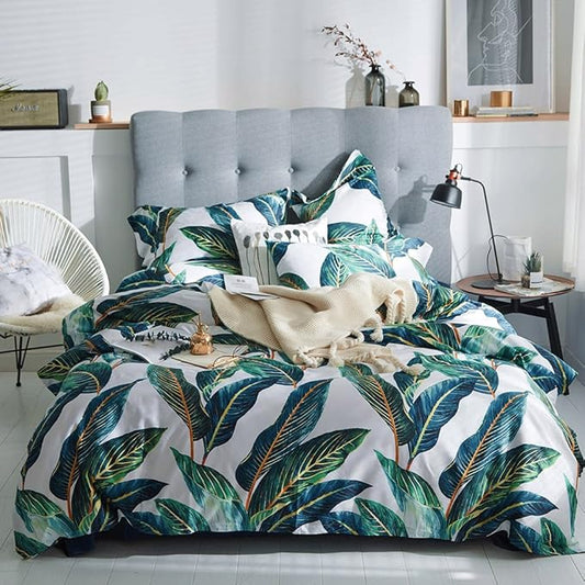 VM VOUGEMARKET King Duvet Cover Set Tropical Leaves Bedding Set,3 Piece Egyptian Cotton Green Quilt Cover with Zipper Closure,Reversible Vintage Printed Luxury Bedding Set-Tropical Leaf,King