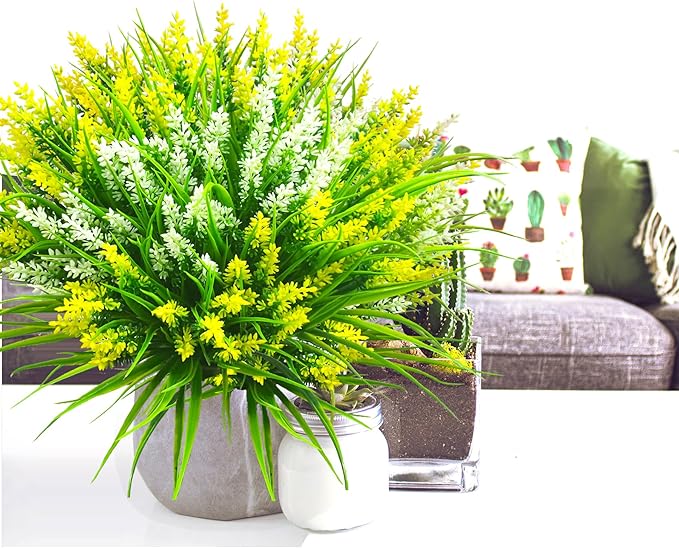 Artificial Plants Outdoor, 20 Pcs Fake Flowers UV Resistant Outdoor Fake Plants, Lavender Artificial Flowers Plastic Fake Faux Flowers Shrubs for Home Porch Garden Yard Window Box (Yellow White)