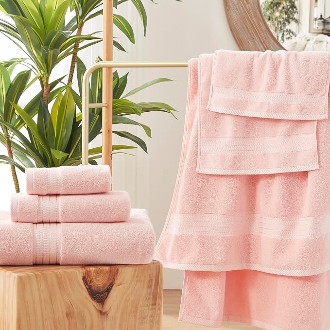 COZYART Pink Bathroom Towels Set, 100% Turkish Cotton Bath Towel Sets of 3 for Bathroom, Super Soft Highly Absorbent, 650 GSM Luxury Set with 1 Bath Towel, 1 Hand Towel, 1 Washcloths