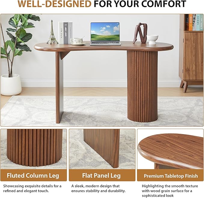 LEVNARY 54.3" Curved Small Computer Desk, Wooden Executive Desk with Sturdy Fluted Legs, Modern Luxury Corner Single Writing Vanity Desk for Bedroom Living Room Home Office (Walnut)
