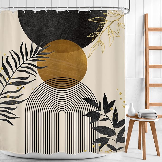 Black Boho Shower Curtain 60Wx72H Modern Bohemian Abstract Brown Tan Mid Century Gold Leaves Plant Botanical Arch Bathroom Decor Minimalist Geometric Bath Curtain Fabric Polyester 12 Pack Hooks