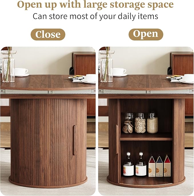 weselon 43"-59" Extendable Round to Oval Dining Table with Hidden Storage, Modern Wooden Kitchen Table with Fluted Sliding Door Cabinet, Expandable Dinner Table for Dining Room Living Room (Walnut)