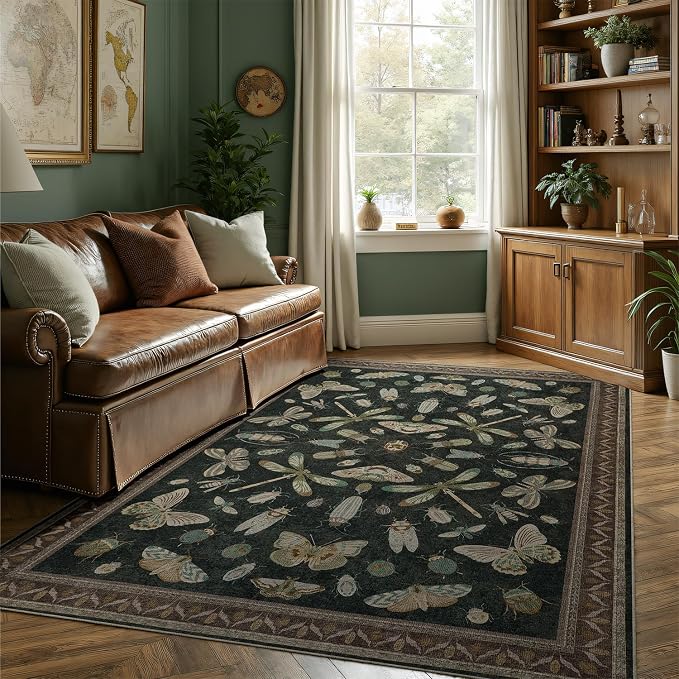 DCX 4x6 Washable Insect Rug, Vintage Gothic Black Rug with Non-Slip Rubber Backing, Soft Low-Pile, Stain-Resistant, Kid & Pet Friendly, for Living Room, Bedroom, Office, and Nature-Themed Decor