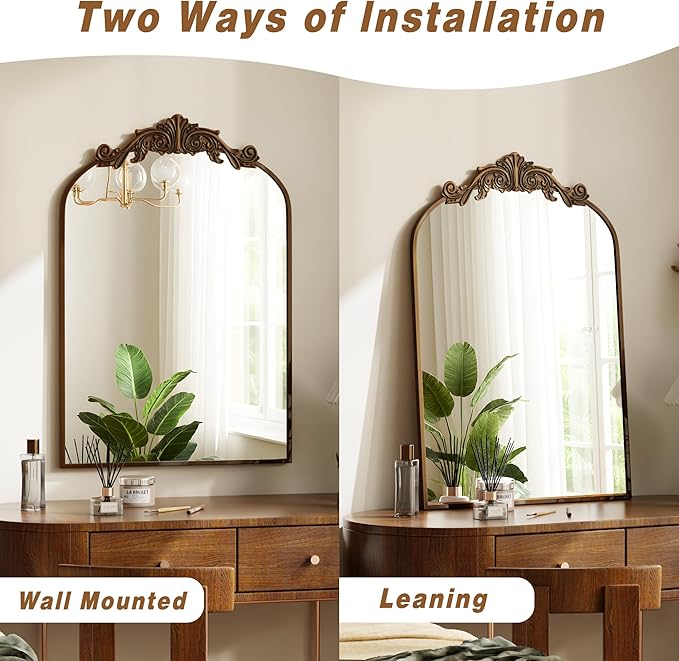 VooBang Vintage Arched Bathroom Mirror, 26x38 Inch Retro Wall Mounted Vanity Mirror with Carved Pattern Top and Metal Frame, Antique Decorative Mirror for Hanging or Leaning
