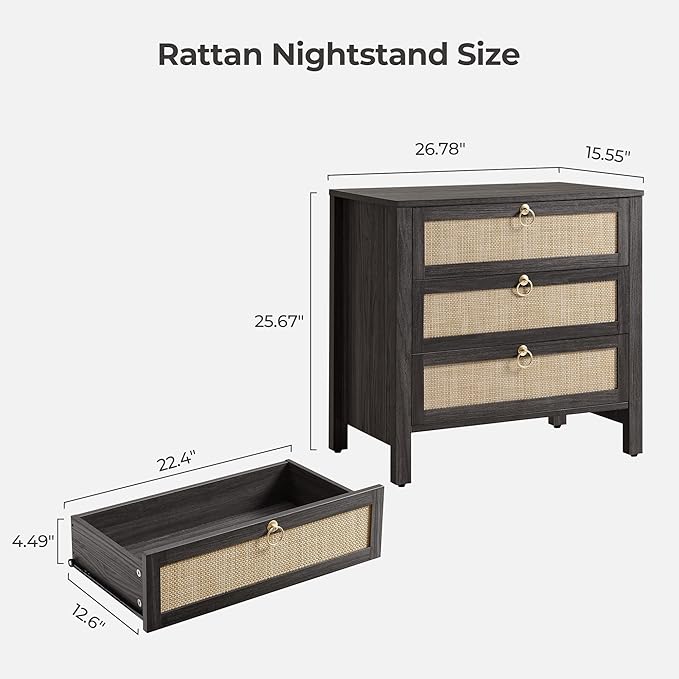 SICOTAS Nightstand Set 2 with Drawers - Large Rattan Bedside Table with Golden Handle, 3 Drawers Night Stand 26.78" Wide Side Table Boho Nightstand for Bedroom