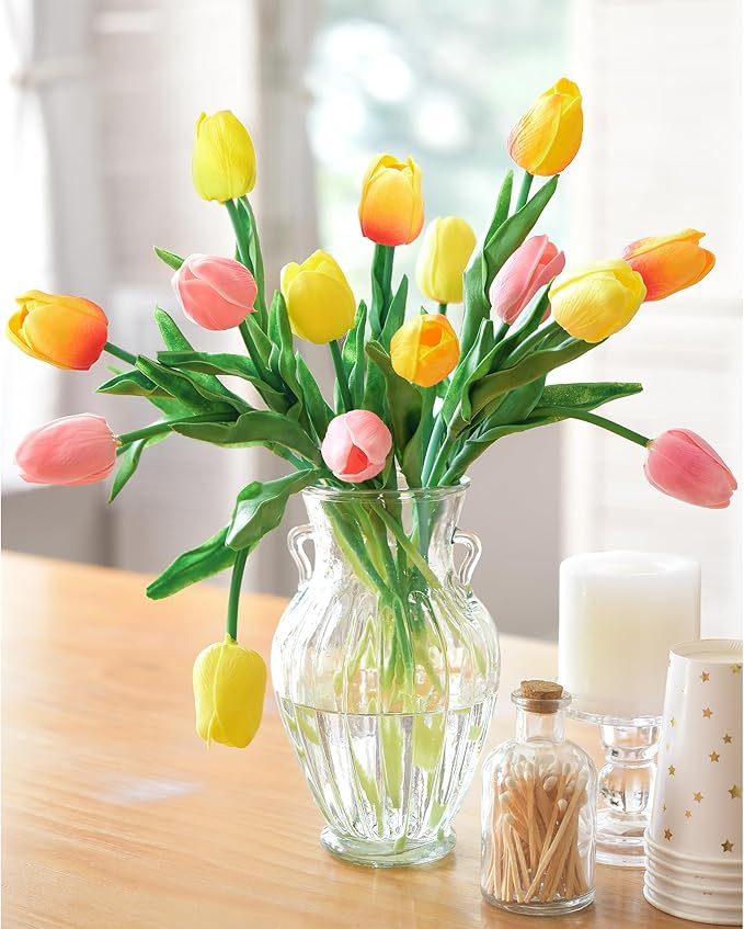 FiveSeasonStuff 15 Stems Real Touch Artificial Tulips – Lifelike Faux Flowers for Home, Weddings, Gifts & Spring Floral Décor (Festive Bloom – Orange, Yellow, Pink)