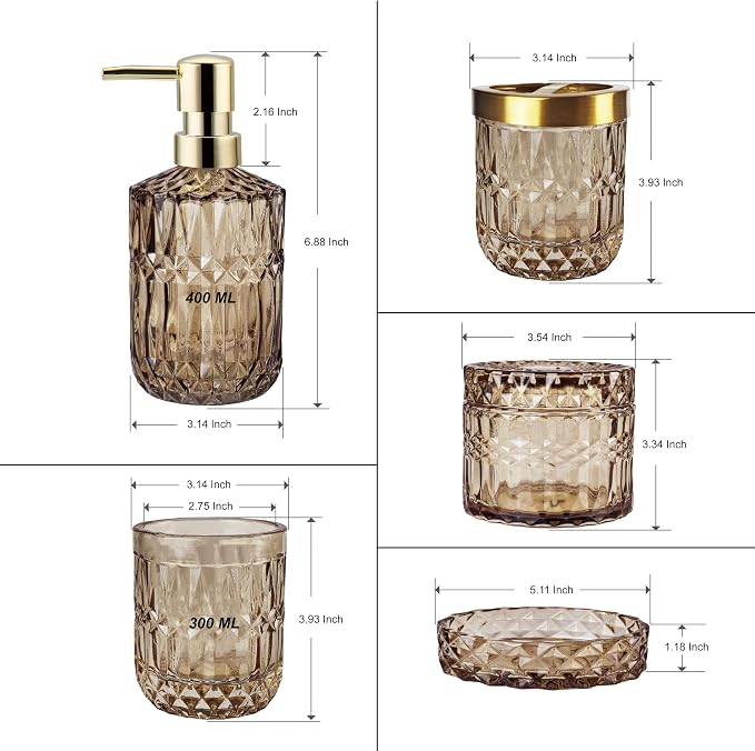 LaMarriti Brown Bathroom Accessories Set, 5Pcs Glass Bathroom Set, Soap Dispenser and Toothbrush Holder Set, Soap Dish, Qtips Holder, Tumbler for Crystal Vintage Bathroom Decor