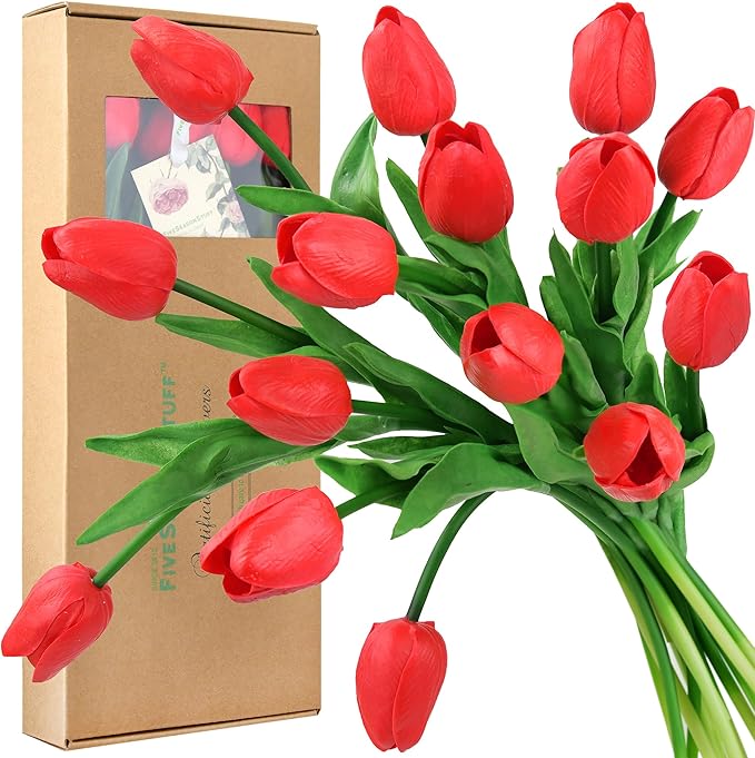 FiveSeasonStuff Real Touch Tulips Artificial Flowers – 15 Stems Faux Tulip Bouquet in Gift Box for Wedding, Home Decor, Party, Floral Arrangements (Scarlett Red)