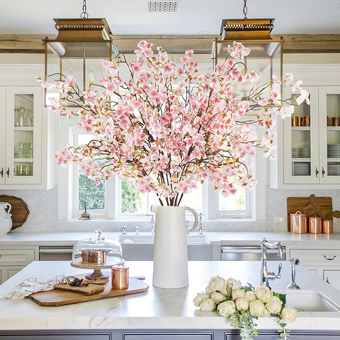 12 Pcs Artificial Cherry Blossom Flowers 40" Faux Silk Cherry Blossom Stems Fake Real Touch Peach Branches for Wedding Home Garden Japanese Decor White Pink