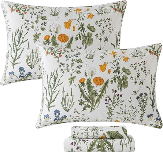 FADFAY 100% Egyptian Cotton Sheets Queen Botanical Printed Floral Sheets Yellow Flowers & Leaves Pattern Farmhouse Bedding Soft and Breathable French Country Bedding 4Pcs Deep Pocket Queen Sheet Set