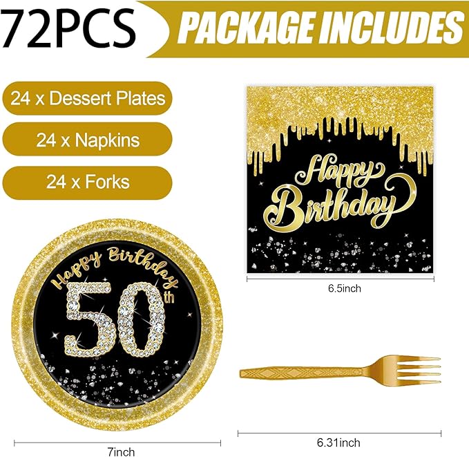 72 Pcs 50th Birthday Paper Plates and Napkins Party Supplies, Back Gold 50th Birthday Party Plates and Napkins Tableware Set for Men Women Cheers to 50 Years Decorations Serves 24