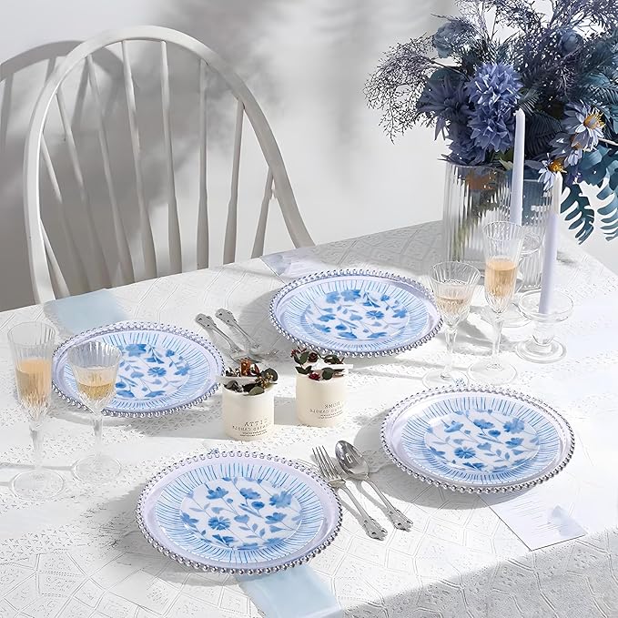 U-QE 50Pcs Blue Plastic Plates - Botanical Stripes Plates Disposable Heavy Duty, Fancy Floral Pattern Perfect for Weddings, Tea Parties, Holidays - 10.25" Dinner & 7.5" Dessert Plastic Plate