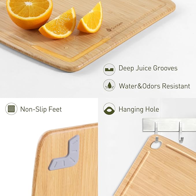 Lightweight Durable Bamboo Cutting Board with Non-Slip Feet, Reversible Wood Cutting Board with Juice Groove Easy to Store & Clean, Water-Resistant Ideal Kitchen Gift for Home Cooks