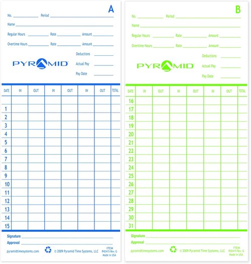 Pyramid Time Systems - Authentic Time Cards for Pyramid Time Clocks | Double-Sided Sheets (3.38 x 7.44 In) - 1000 Pack - Blue/Green