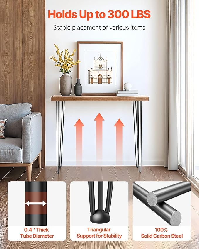 VEVOR Hairpin Table Legs 40" Black Set of 4 Desk Legs 880lbs Total Load Capacity Hairpin Desk Legs 3 Rods for Bench Desk Dining End Table Chairs Carbon Steel DIY Heavy Duty Furniture Legs