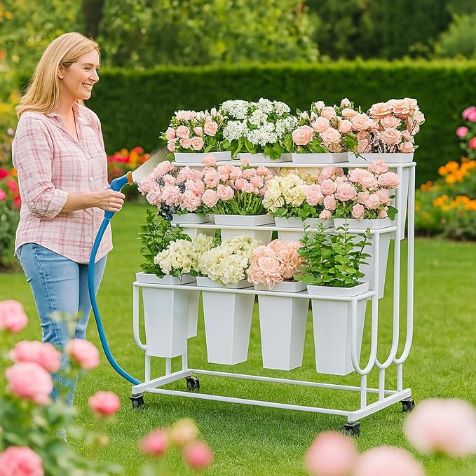 Flower Display Stand Frame, 3-Tier Flower Cart with Wheels, Metal Floral Display Rack , Moving Florist Bouquet Shelf for Shop ,Flower Bar, Events (White - 3 Tier)