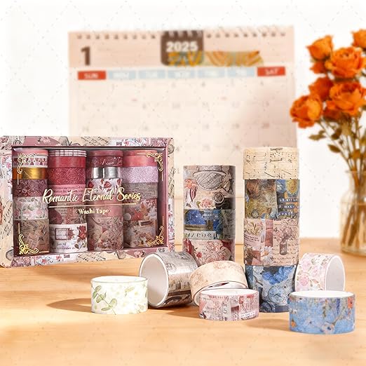 FTTELK 24 Rolls Vintage Washi Tape Set,Glitter Floral Decorative Adhesive Tape for Scrapbooking Supplies,Junk Journal,DIY Crafts,Planners and Gift Wrapping(Art Oil Painting Series)