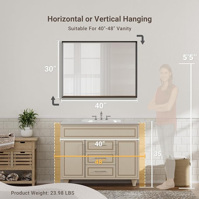 40 x 30 Black Framed Mirror for Bathroom, Beveled Black Bathroom Vanity Mirror Anti-Rust, Shatterproof Matte Black Rectangle Metal Frame Mirror, Vertical/Horizontal Large Wall-Mounted Mirrors