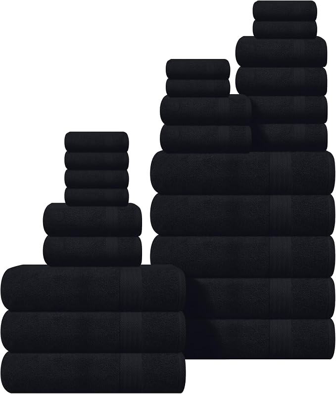GLAMBURG Ultra Soft 24-Piece Towel Set - 100% Pure Ringspun Cotton, Contains 8 Oversized Bath Towels 27x54, 8 Hand Towels 16x28, 8 Wash Cloths 13x13 - Ideal for Everyday use, Hotel & Spa - Black