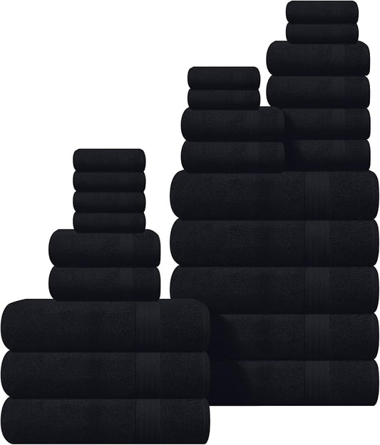 GLAMBURG Ultra Soft 24-Piece Towel Set - 100% Pure Ringspun Cotton, Contains 8 Oversized Bath Towels 27x54, 8 Hand Towels 16x28, 8 Wash Cloths 13x13 - Ideal for Everyday use, Hotel & Spa - Black