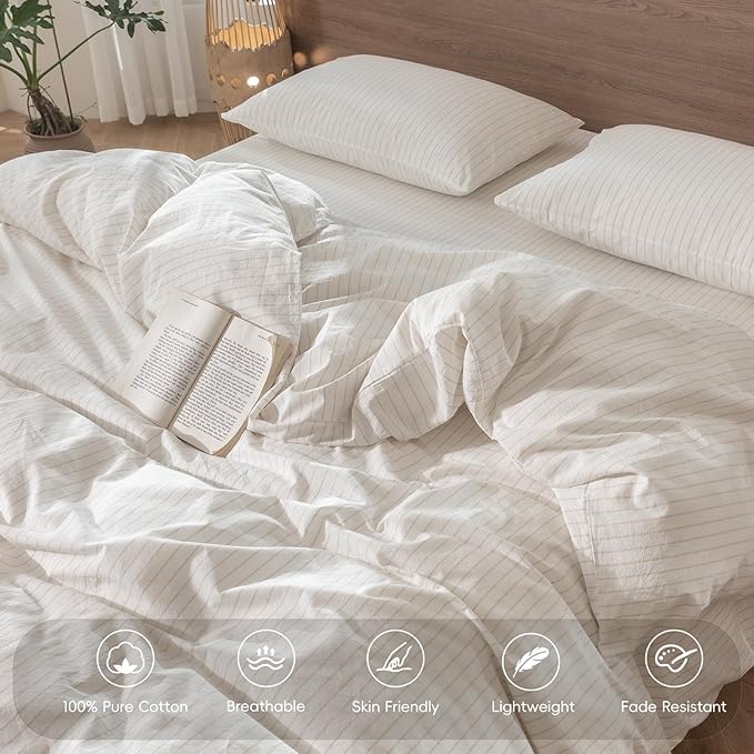 MooMee Striped Duvet Cover Set 100% Washed Cotton Linen Like Textured Breathable Durable Soft Comfy (White Almond Milk Grey Wide Stripes, Oversized King Plus 128"x120")