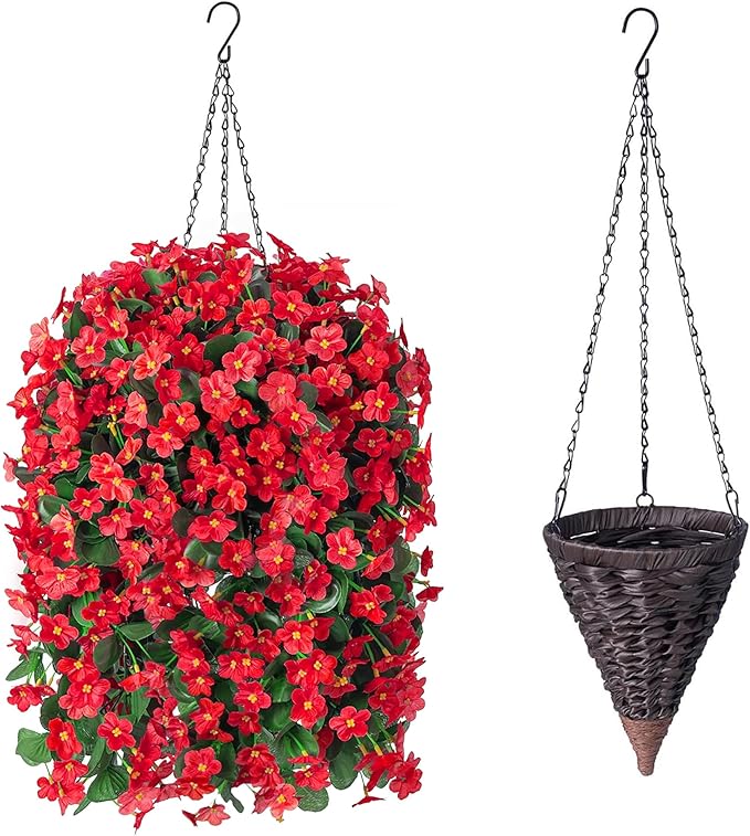HyeFlora Artificial Fake Red Hanging Flowers Plants Basket for Outdoor Outside Winter Christmas Decor, Faux Silk Daisy Flower Look Real UV Resistant Orchid Vine Plant for Porch Garden Yard Patio Home