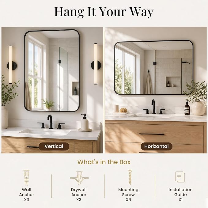 2-Pack 22x30 Inch Matte Black Bathroom Vanity Mirrors | Flush Mount Deep Set Metal Wall Mirror for Over Sink | HD Shatterproof Glass, Rustproof