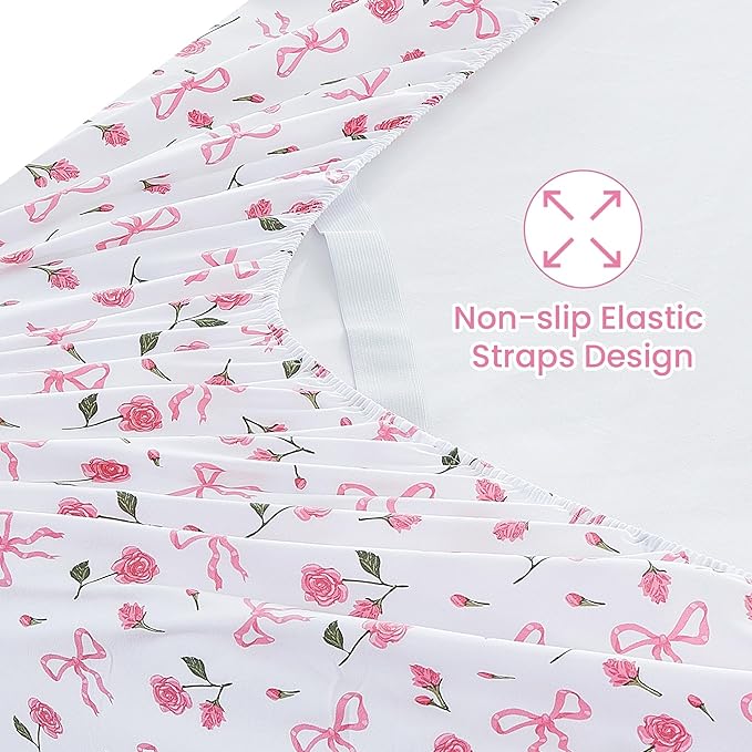 Softan Pink Floral Queen Bed Sheets, Cozy Microfiber Flower Printed Sheets with 15" Deep Pocket Fitted Sheet & Non-Slip Straps, Patterned Pink Rose - Bow Sheets & Pillowcase Set