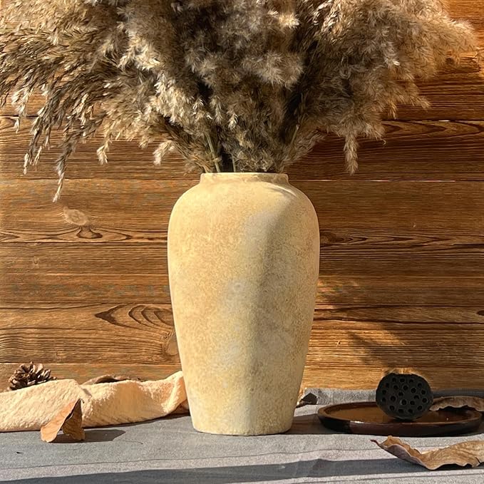 12 Inch Farmhouse Decor Ceramic Rustic Vase,Beige Handmade Flower Vases for Centerpieces,Pottery Vase for Living Room,Kitchen & Bedroom Decor,Vintage Ceramic Vases for Wedding
