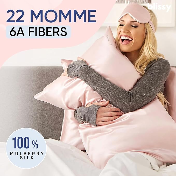 Blissy Silk Pillowcase - 100% Pure Mulberry Silk - 22 Momme 6A High-Grade Fibers - Silk Pillow Cover for Hair & Skin - Regular, Queen & King (Pink, Standard)
