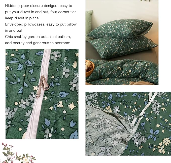EAVD Premium Soft 100% Jersey Knit Cotton Duvet Cover Green Floral Duvet Cover Queen Vintage Style Botanical Bedding Set for children,teens,boys,girls, women&men Chic Shabby Reversible Comforter Set