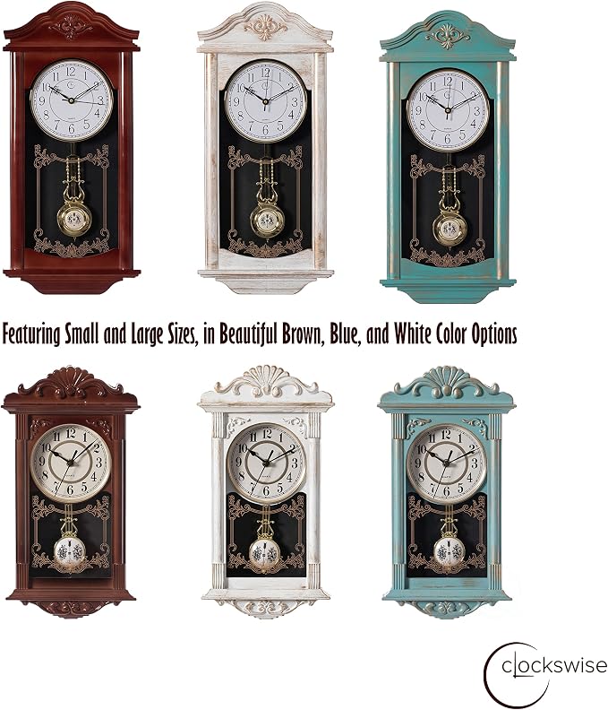 Clockswise Large Vintage Grandfather Wood- Looking Plastic Pendulum Wall Clock for Living Room, Kitchen, or Dining Room, (Large, Blue)