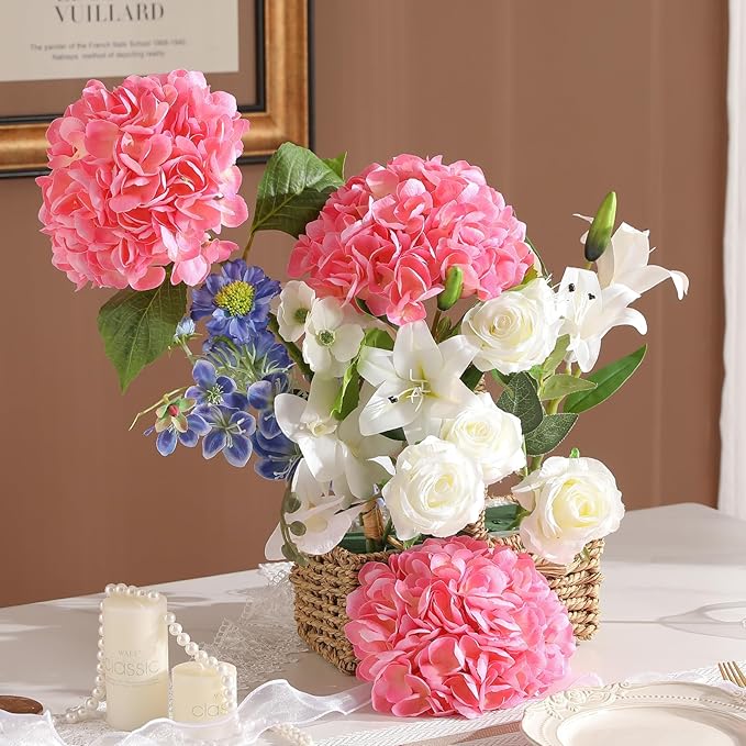 4Pcs Hydrangea Artificial Flowers, 22.44" Real Touch Latex Faux Hydrangea with Long Stems & Leaves for Home Office Decor or Wedding, Party, Centerpieces, Floral Arrangements (White&Pink)
