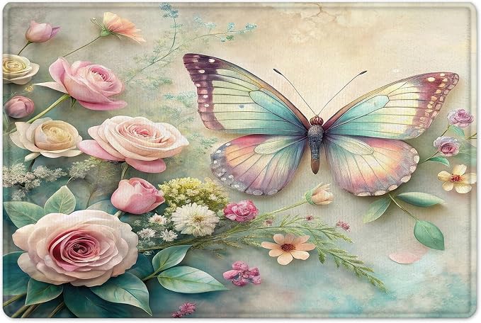 LB Spring Floral Bath Mat for Bathroom 24x16 inches- Pink Rose Flower Aesthetic Butterfly Rustic Sage Green Leaf Doormat- Memory Foam Non Slip Absorbent Rug for Living Room Floor Bedroom Door Front