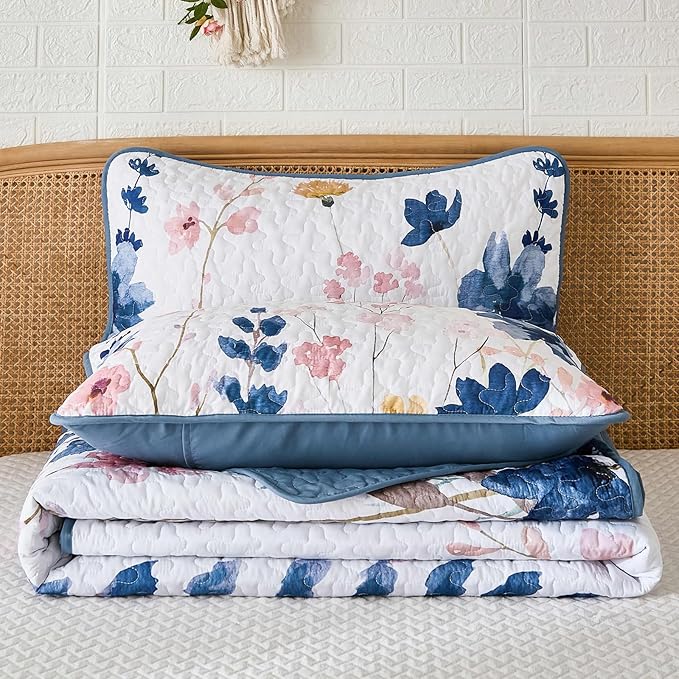 Anibedding Dark Blue Quilt Set Full Size, Floral Bedspread Soft Microfiber Lightweight Quilt Bedding Sets Flower Coverlet for All Season(Full,78"x90")