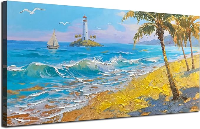 Brushart Beach Canvas Wall Art for Living Room Large, Coastal Bedroom Picture, Painting Wall Decor Ocean Textured Artwork for Walls Home Office 58"x29"