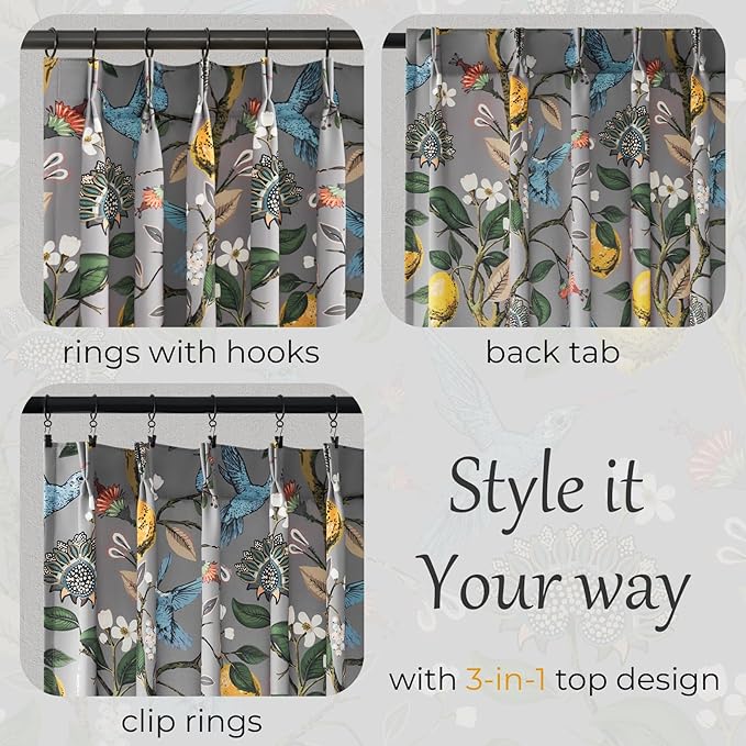 Grey Floral Curtains for Living Room Bedroom, Aesthetic Unique Rustic Pinch Pleated Drapes Cottagecore Flower Printed Modern Farmhouse Window Treatment 63 Inch Length 2 Panels