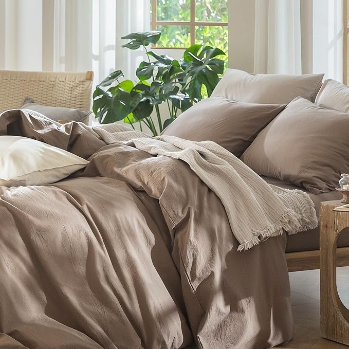 MooMee Bedding Duvet Cover Set 100% Washed Cotton Linen Like Textured Breathable Durable Soft Comfy (Solid Brown, Queen 90"x90")