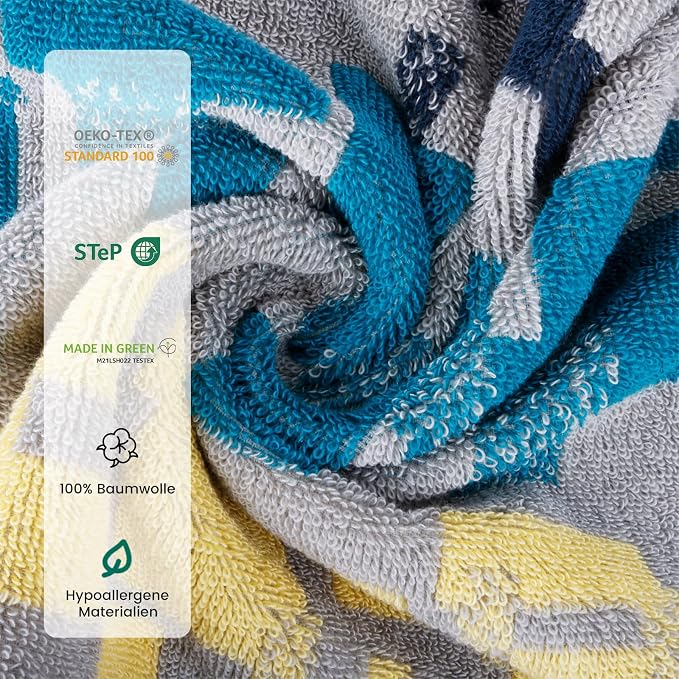 SEMAXE Bath Towel Set, 12 Piece Cotton Towel Set for Bathroom, More Towels for Family Use, Quick Dry with Hanging Loops, Easy Care, Geometric Pattern