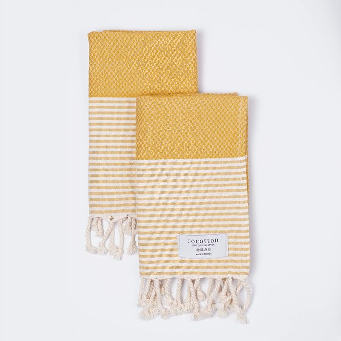 Boho Striped Turkish Hand Towels Set of 2 | 100% Cotton, 16 x 40 Inches | Decorative Bathroom Hair Face Gym Yoga Dishcloth Tea Kitchen Light Weight Quick Dry Farmhouse Towel (Mustard)